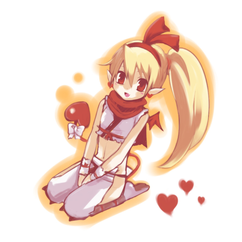 bat_wings blonde_hair cosplay demon_girl disgaea fallen_angel fang flat_chest flonne flonne_(fallen_angel) hair_ribbon heart kuranon long_hair ninja ninja_(cosplay) ninja_(disgaea) ninja_(disgaea)_(cosplay) pointy_ears ponytail red_eyes ribbon seiza sitting solo tail wings