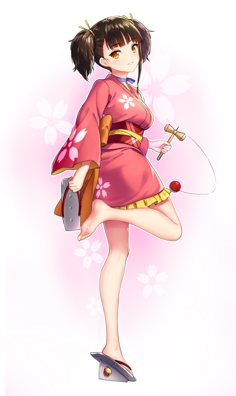 1girl barefoot blade brown_eyes brown_hair choker drogoth feet from_behind highres japanese_clothes kendama kimono koutetsujou_no_kabaneri long_hair looking_back mumei_(kabaneri) obi ribbon ribbon_choker sandals sash short_kimono short_yukata single_shoe smile solo standing_on_one_leg toes twintails yukata