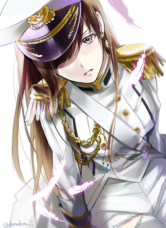 1girl aiguillette brown_eyes brown_hair deredere_i earrings epaulettes feathers female hair_over_one_eye hat idolmaster idolmaster_cinderella_girls idolmaster_cinderella_girls_starlight_stage jewelry long_hair military military_uniform naval_uniform nitta_minami parted_lips peaked_cap solo torn_clothes uniform