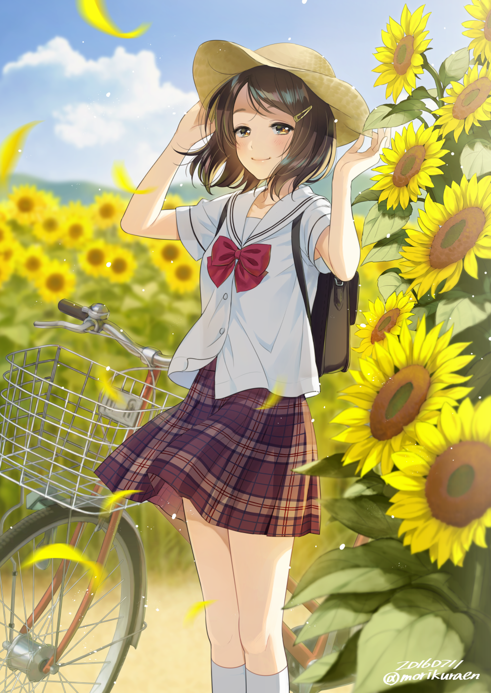 1girl 2016 adjusting_clothes adjusting_hat armpit_peek arms_up artist_name backpack bag bangs bicycle bicycle_basket blouse blue_sky blurry bow bowtie brown_eyes brown_hair brown_hat buttons closed_mouth dated day depth_of_field field flower flower_field ground_vehicle hair_ornament hairclip hat highres kneehighs light_particles looking_at_viewer morikura_en motion_blur original outdoors plaid plaid_skirt red_bow red_bowtie red_skirt school_uniform serafuku shirt short_hair short_sleeves skirt sky smile solo standing sun_hat sunflower swept_bangs tareme white_blouse white_legwear white_shirt
