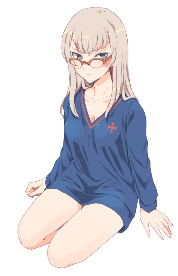 1girl arm_support bangs blue_eyes blue_shirt full_body girls_und_panzer glasses itsumi_erika long_hair looking_at_viewer no_pants over-rim_glasses red-framed_glasses seiza semi-rimless_glasses shirt silver_hair sitting solo t-shirt umiu_(hoge) v-neck white_background