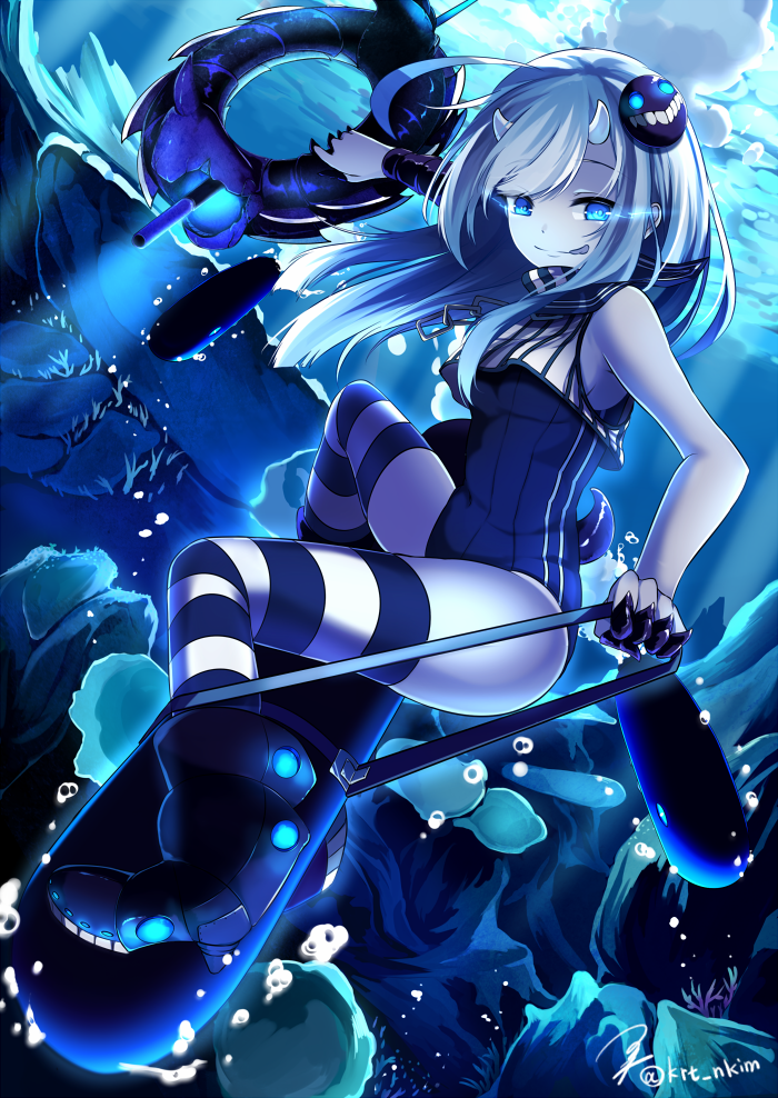 1girl :q ahoge air_bubble ankle_boots armpits artist_name bare_shoulders black_boots blonde_hair blue blue_eyes boots breasts cannon chain coral covered_navel crop_top crop_top_overhang dark dark_persona detached_sleeves eyebrows eyebrows_visible_through_hair floating_hair full_body glowing glowing_eyes hair_ornament hairpin horizontal-striped_legwear horns kantai_collection koruta_(nekoimo) lifebuoy light long_hair long_sleeves looking_at_viewer outstretched_arm ro-500_(kantai_collection) rock school_swimsuit shinkaisei-kan shirt signature skin_tight solo spread_legs swimsuit thigh-highs thighs tongue tongue_out torpedo turret turtleneck underwater water water_surface white_shirt