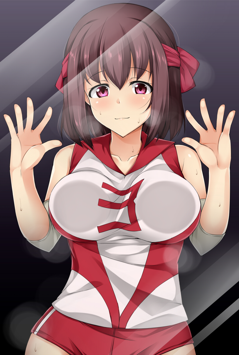 1girl against_glass bare_shoulders basketball_uniform breast_press breasts brown_hair closed_mouth collarbone cowboy_shot eyebrows eyebrows_visible_through_hair girls_und_panzer hair_between_eyes hair_ribbon highres kondou_taeko kuragari large_breasts number palms pink_eyes red_ribbon red_shorts ribbon shirt short_hair short_shorts shorts sleeveless sleeveless_shirt smile solo sportswear spread_fingers sweat thighs volleyball_uniform