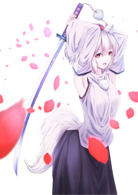 1girl animal_ears bare_shoulders breasts cacao_devil detached_sleeves fang hat inubashiri_momiji open_clothes open_shirt petals pom_pom_(clothes) red_eyes shirt short_hair silver_hair simple_background solo sword tail tokin_hat touhou weapon white_background wolf_ears wolf_tail