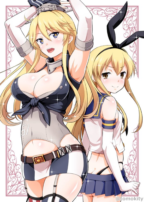 &gt;:) 2girls :d arms_up back-to-back blonde_hair blue_eyes breasts brown_eyes butt_crack cleavage elbow_gloves fingerless_gloves garter_straps gloves height_difference highleg highleg_panties iowa_(kantai_collection) kantai_collection large_breasts long_hair miniskirt multiple_girls open_mouth panties sailor_collar shimakaze_(kantai_collection) skirt smile star star-shaped_pupils symbol-shaped_pupils thigh-highs tomokichi underwear zettai_ryouiki