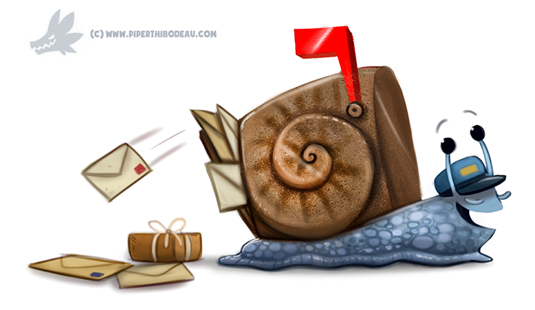 :d antennae blue_hat closed_eyes commentary creature cryptid_creations from_side hat letter mailbox mailman motion_lines no_humans open_mouth original packet profile simple_background smile snail_shell solo upper_body watermark web_address white_background