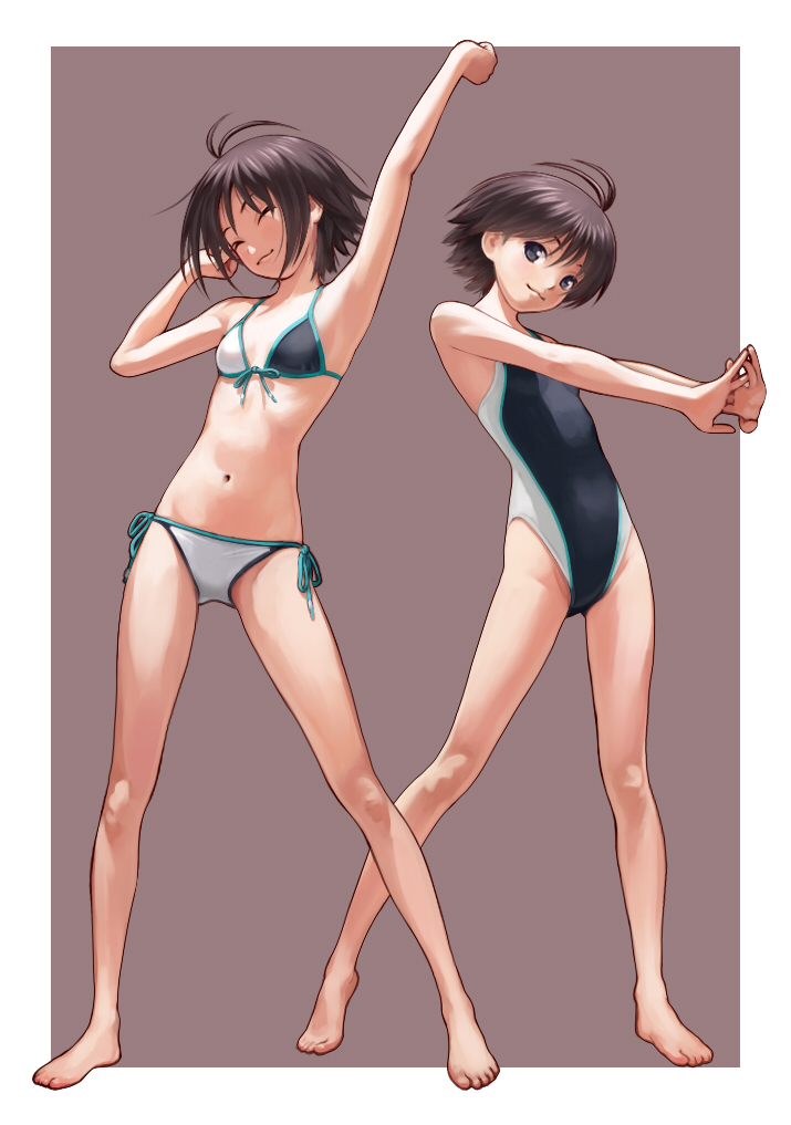 1girl :3 ^_^ antenna_hair arm_up armpits barefoot bikini black_eyes black_hair closed_eyes competition_swimsuit dual_persona front-tie_top full_body idolmaster kikuchi_makoto navel nekopuchi one-piece_swimsuit outstretched_arms short_hair side-tie_bikini simple_background smile standing stretch swimsuit