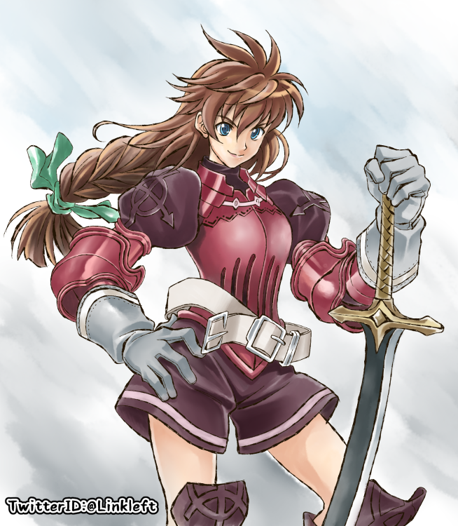 1girl armor artist_request blue_eyes brown_hair elmina_niet gloves long_hair ribbon solo source_request wild_arms wild_arms_1