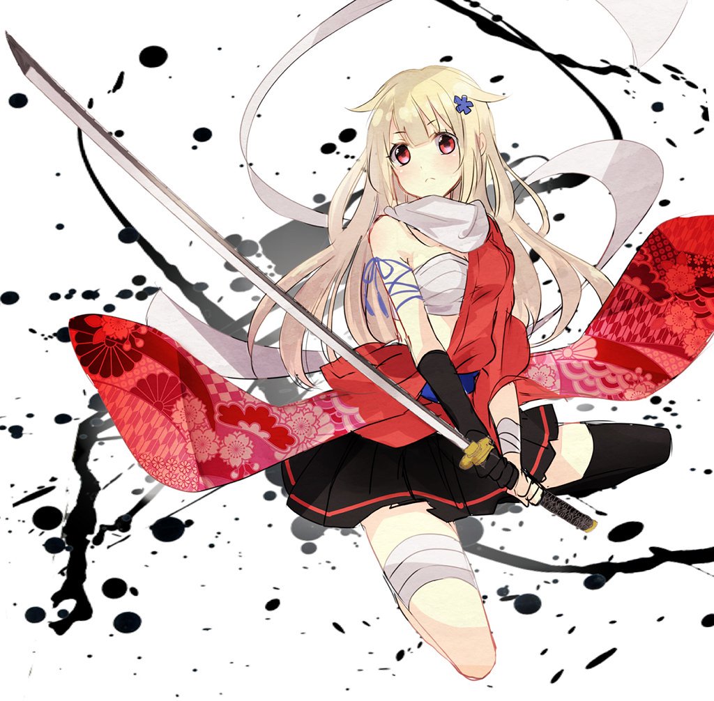 1girl alternate_costume bandages black_legwear blonde_hair clothes_down full_body hair_flaps hair_ornament holding holding_sword holding_weapon japanese_clothes kantai_collection kona_(mmmkona) long_hair ootachi pleated_skirt red_eyes remodel_(kantai_collection) ribbon sarashi scarf single_glove single_thighhigh skirt solo sword thigh-highs weapon wide_sleeves yuudachi_(kantai_collection)