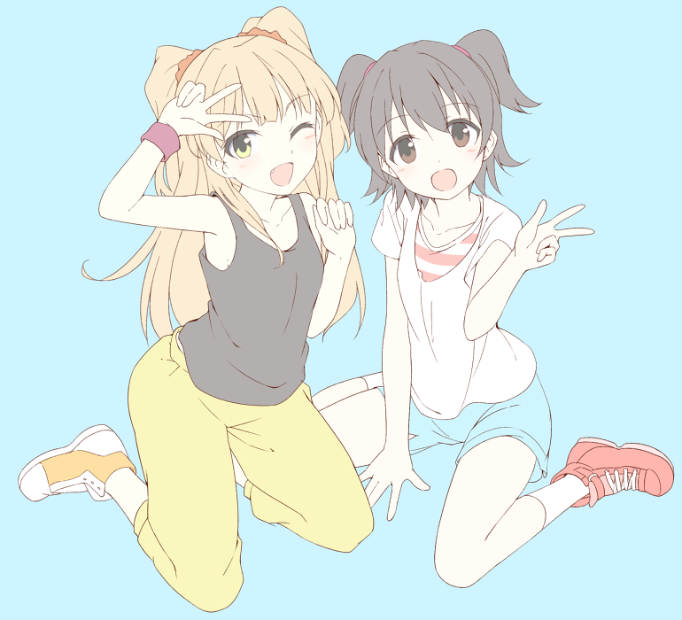 2girls :d ;d akagi_miria armpits bare_shoulders black_hair blonde_hair blue_background blue_shorts blush brown_eyes buttons collarbone eyebrows eyebrows_visible_through_hair eyelashes fang full_body green_eyes green_pants hair_ornament hair_scrunchie idolmaster idolmaster_cinderella_girls jougasaki_rika kneeling legs_apart long_hair mobu multiple_girls one_eye_closed open_mouth pants red_shoes scrunchie shirt shoes short_sleeves short_twintails simple_background sitting sleeveless smile socks sweatband tank_top tareme tooth twintails v_over_eye wariza white_legwear white_shirt wristband yellow_shoes