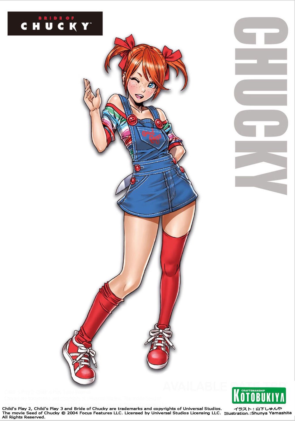 1girl artist_name bare_shoulders blue_eyes blush child's_play chucky flat_chest freckles full_body hair_ribbon highres knife looking_at_viewer open_mouth orange_hair overalls ribbon shoes short_hair short_twintails skirt smile sneakers socks solo thigh-highs twintails yamashita_shun'ya