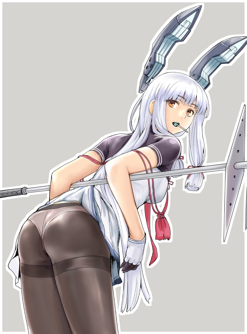 1girl :o ass bangs behind_back blunt_bangs brown_legwear candy eating eyebrows eyebrows_visible_through_hair food from_behind gloves grey_background hair_over_shoulder hair_ribbon headgear highres holding_staff kantai_collection leaning_forward lollipop long_hair looking_at_viewer looking_back mouth_hold murakumo_(kantai_collection) nujima open_mouth panties panties_under_pantyhose pantyhose red_ribbon ribbon shirt sidelocks silver_hair simple_background solo staff sweets tassel thighband_pantyhose underwear very_long_hair white_gloves white_panties white_shirt yellow_eyes