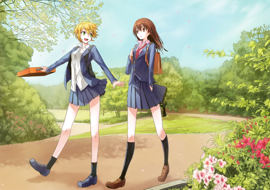 2girls :d backpack bag bare_legs behind_back black_legwear blazer blonde_hair blue_jacket blue_shoes blue_skirt blue_sky blush brown_hair brown_shoes bush buttons collared_shirt day ear_studs earrings field full_body grass green_eyes hand_in_pocket jacket jewelry kneehighs loafers long_hair long_sleeves looking_to_the_side multiple_girls necktie open_blazer open_clothes open_jacket open_mouth original outdoors outstretched_arm over_shoulder path petals pink_flower pink_shirt plant pleated_skirt pocket red_necktie road ryuga_(balius) school_bag school_briefcase shirt shoes short_hair skirt sky smile socks spring_(season) walking white_flower wing_collar