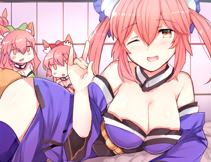 3girls \m/ animal_ears blue_legwear breasts caster_(fate/extra) cleavage detached_sleeves fang fate/extra fate/grand_order fate_(series) fox_ears fox_tail hair_ribbon japanese_clothes jirou_(tamaho39) large_breasts multiple_girls multiple_persona open_mouth pink_hair ribbon tail tamamo_cat_(fate/grand_order) yellow_eyes