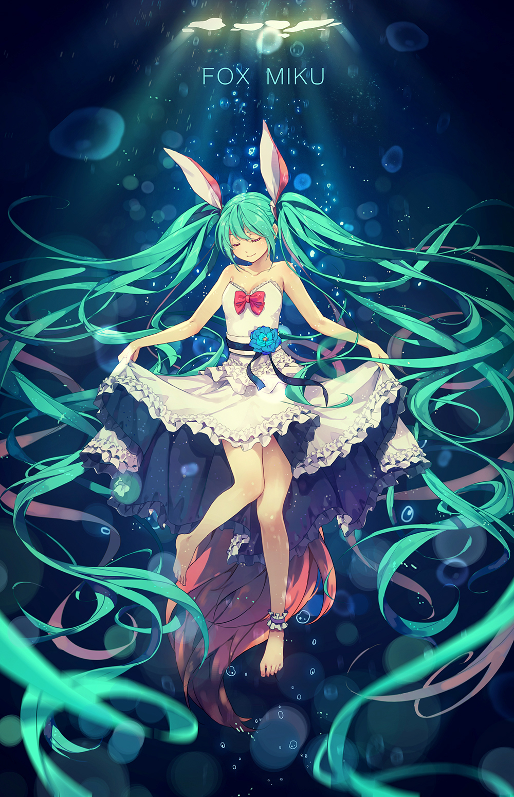 1girl aqua_hair bare_shoulders barefoot closed_eyes dress flower fox_tail hair_ribbon hatsune_miku highres long_hair ribbon skirt_hold smile solo tail twintails underwater very_long_hair vocaloid yohan12