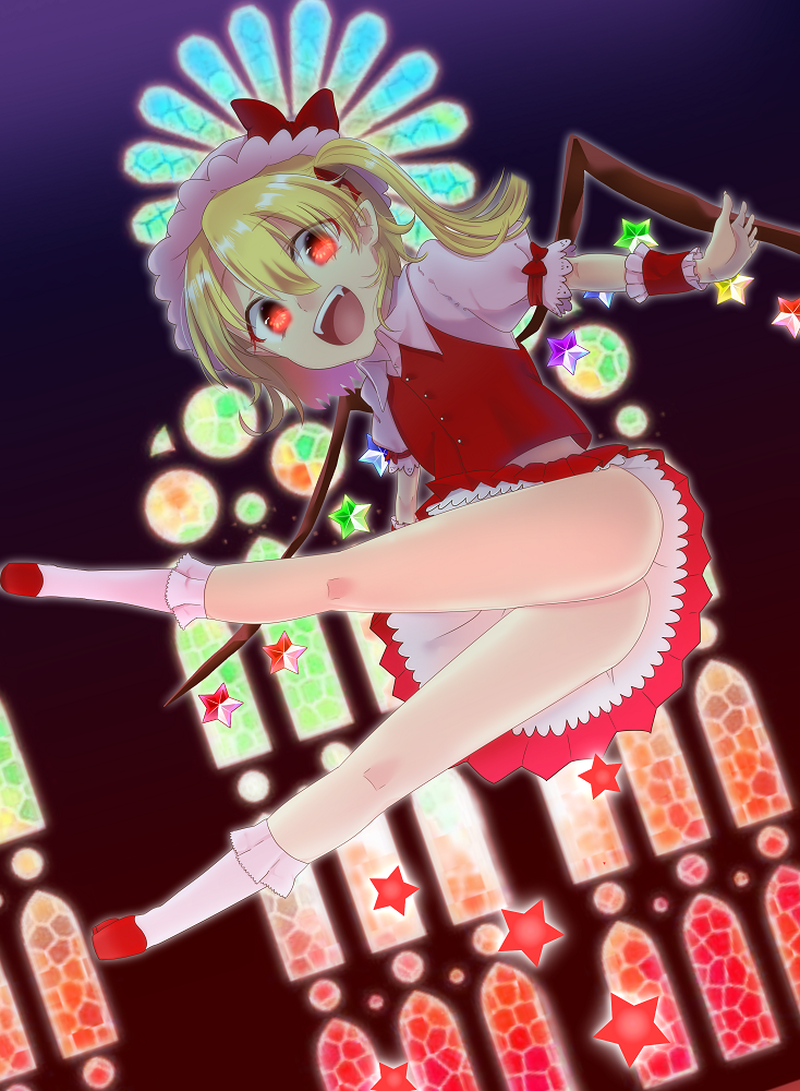 1girl :d aikoi_(arararaaren) ass blonde_hair dutch_angle fangs flandre_scarlet from_below full_body glowing glowing_eyes hat hat_ribbon kneehighs looking_at_viewer miniskirt mob_cap no_panties open_mouth outstretched_arms pointy_ears puffy_sleeves red_eyes red_skirt ribbon shirt short_sleeves side_ponytail skirt skirt_set smile solo star touhou upskirt vest white_legwear wings wrist_cuffs