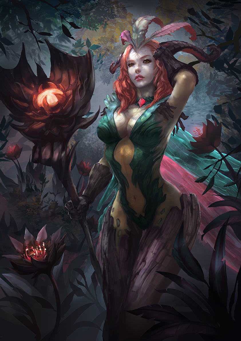 1girl alternate_costume alternate_hair_color breasts cglas cleavage emilia_leblanc feathers flower forest gauntlets gem head_feathers league_of_legends nature navel outdoors pale_skin parted_lips plant redhead solo staff standing