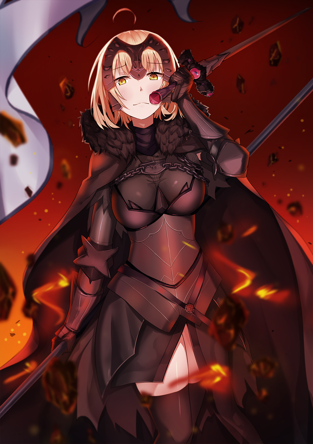 1girl 714_(leg200kr) ahoge arm_at_side arm_up armor armored_dress black_cape black_dress black_legwear blonde_hair blurry breasts cape chain cowboy_shot depth_of_field dress dual_wielding eyebrows eyebrows_visible_through_hair fate/grand_order fate_(series) floating_object floating_rock fur_collar fur_trim gauntlets headpiece highres holding holding_sword holding_weapon jeanne_alter large_breasts ruler_(fate/apocrypha) ruler_(fate/grand_order) shiny shiny_skin short_hair side_slit smile solo sword thigh-highs thighs unsheathed weapon yellow_eyes