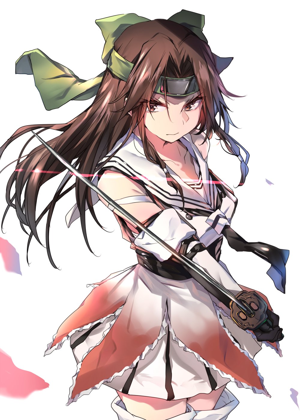 1girl bare_shoulders brown_eyes brown_hair buttons detached_sleeves forehead_protector gloves hachimaki hair_intakes half_updo headband highres holding holding_sword holding_weapon jintsuu_(kantai_collection) kantai_collection long_hair pleated_skirt remodel_(kantai_collection) school_uniform serafuku simple_background skirt solo soukou_makura sword thigh-highs weapon white_background