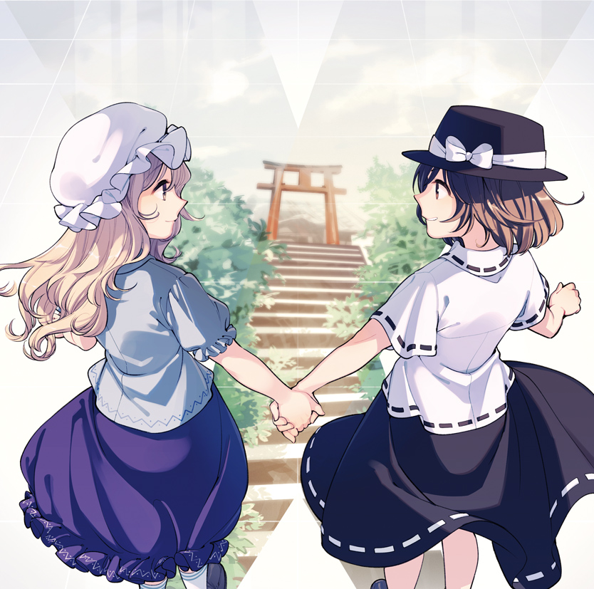2girls :d arch black_hat black_shoes black_skirt blonde_hair blue_shirt bow brown_eyes brown_hair bubble_skirt building bush eye_contact fedora frilled_hat frilled_sleeves frills from_behind grin hat hat_bow kneehighs loafers long_hair looking_at_another maribel_hearn mob_cap multiple_girls nakatani neo-traditionalism_of_japan open_mouth outdoors plant profile puffy_short_sleeves puffy_sleeves purple_skirt ribbon-trimmed_clothes ribbon-trimmed_sleeves ribbon_trim shirt shoes short_hair short_sleeves shrine skirt smile stairs standing teeth torii touhou usami_renko white_bow white_hat white_legwear white_shirt
