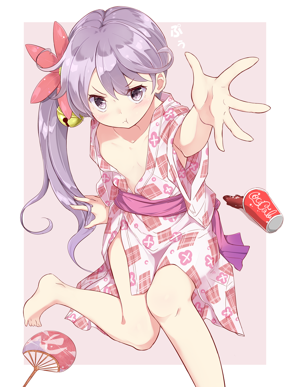 1girl :t akebono_(kantai_collection) alternate_costume armpit_peek bell blush coca-cola collarbone commentary_request fan flower hair_bell hair_flower hair_ornament highres japanese_clothes jingle_bell kantai_collection kengorou_saemon_ii_sei kimono long_hair looking_at_viewer open_clothes open_kimono outstretched_arm paper_cup paper_fan purple_hair side_ponytail simple_background sitting solo spilled tsurime uchiwa violet_eyes wide_sleeves yukata