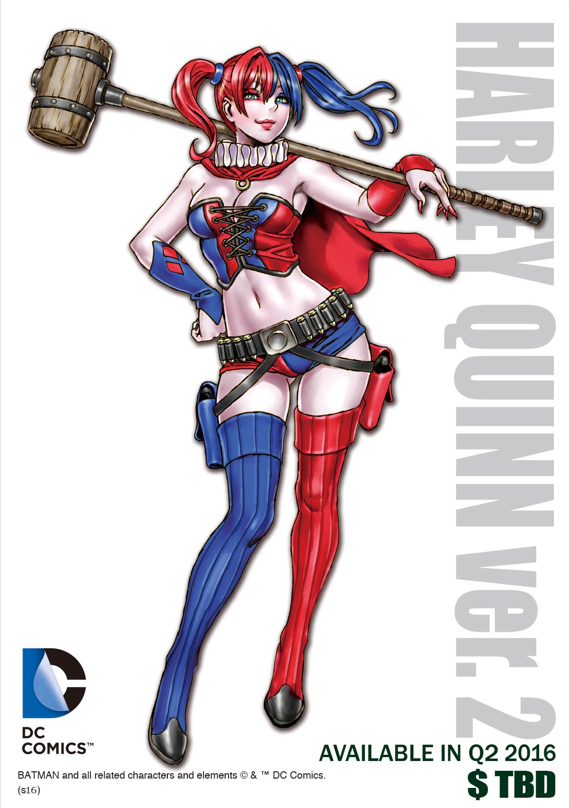 1girl ammunition_belt batman_(series) blue_eyes blue_hair blush breasts cape corset dc_comics full_body hammer harley_quinn highres lipstick makeup multicolored_hair redhead short_shorts shorts smile socks solo thigh-highs twintails yamashita_shun'ya