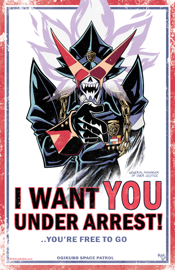 armband artist_name chain commentary english fangs gloves hat i_want_you medal mike_luckas military military_hat military_uniform over_justice parody pointing pointing_at_viewer poster propaganda shiny skull solo sunglasses trigger_(company) uchuu_patrol_luluco uniform