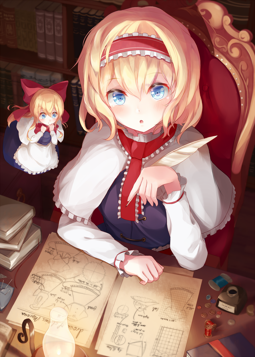 1girl :o alice_margatroid bangs blonde_hair blue_dress blue_eyes blurry blush book_stack bookshelf bow buttons capelet chair dark depth_of_field doll drawing dress eyebrows eyebrows_visible_through_hair fly frills from_above gears hair_between_eyes hair_bow hairband highres holding igakusei indoors ink_bottle lolita_hairband long_hair looking_at_viewer needle oil_lamp paper quill red_bow sash sewing_needle shanghai_doll short_hair sitting sitting_on_chair spool string table thread touhou white_apron