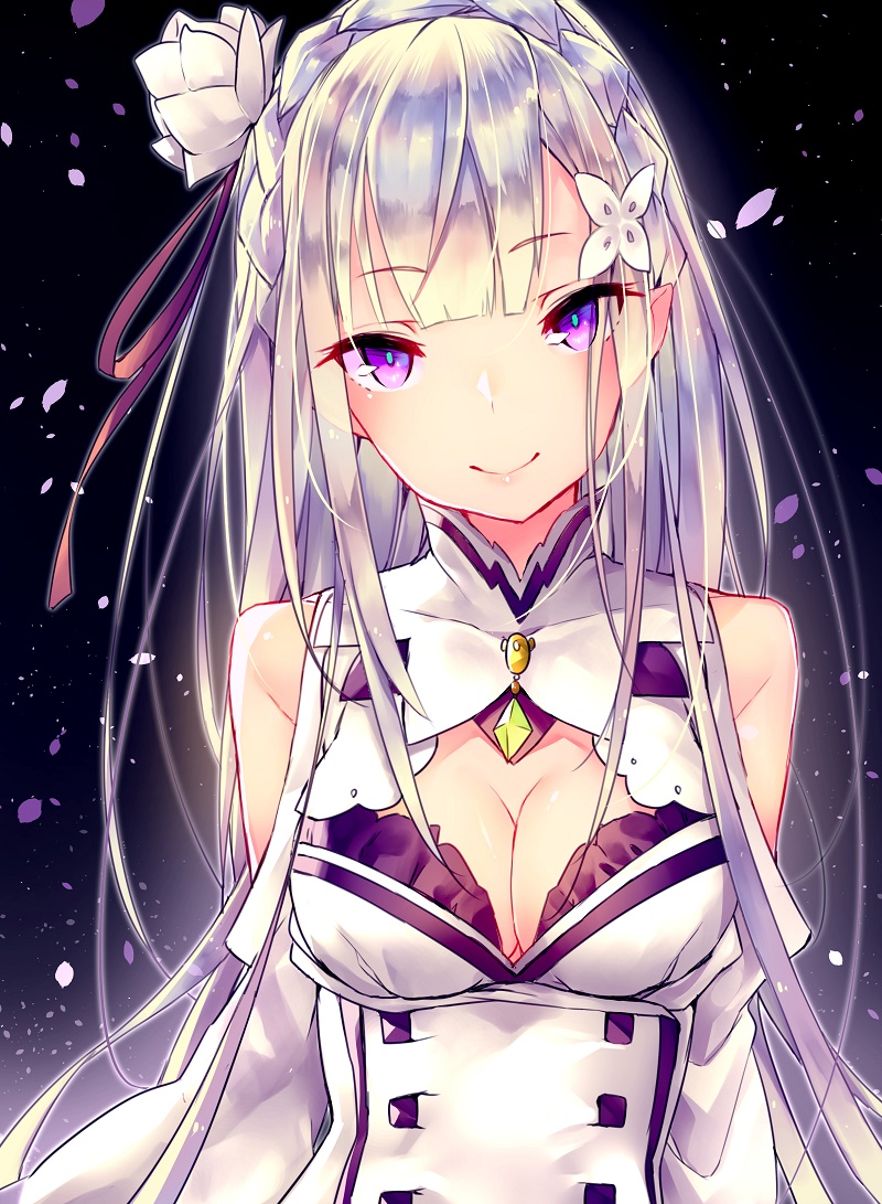 1girl bare_arms bare_shoulders blush braid breasts cleavage collar dress elf emilia_(re:zero) eyebrows eyebrows_visible_through_hair flower french_braid hair_flower hair_ornament hair_ribbon jewelry jun_project large_breasts long_hair looking_at_viewer pointy_ears re:zero_kara_hajimeru_isekai_seikatsu ribbon shiny shiny_hair silver_hair smile solo very_long_hair violet_eyes white_dress