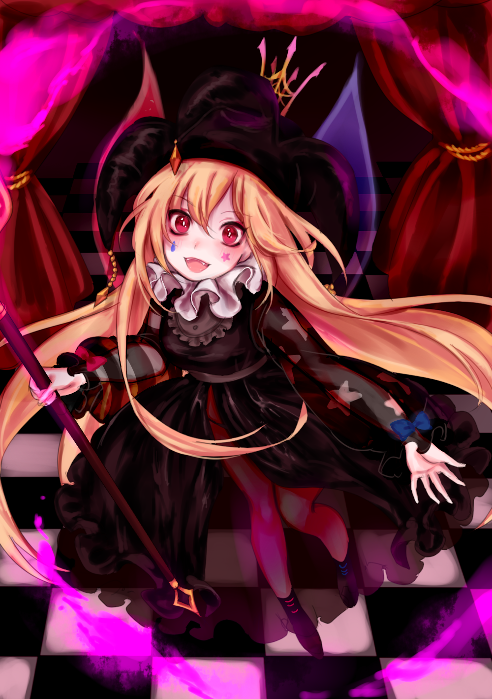 1girl alternate_costume black_dress blush boots checkered checkered_floor clownpiece curtains dress facepaint fairy_wings fangs from_above full_body hat highres jester_cap long_hair long_sleeves looking_at_viewer open_mouth orange_hair red_eyes ribbon sash see-through smile solo star striped tis_(shan0x0shan) touhou wings