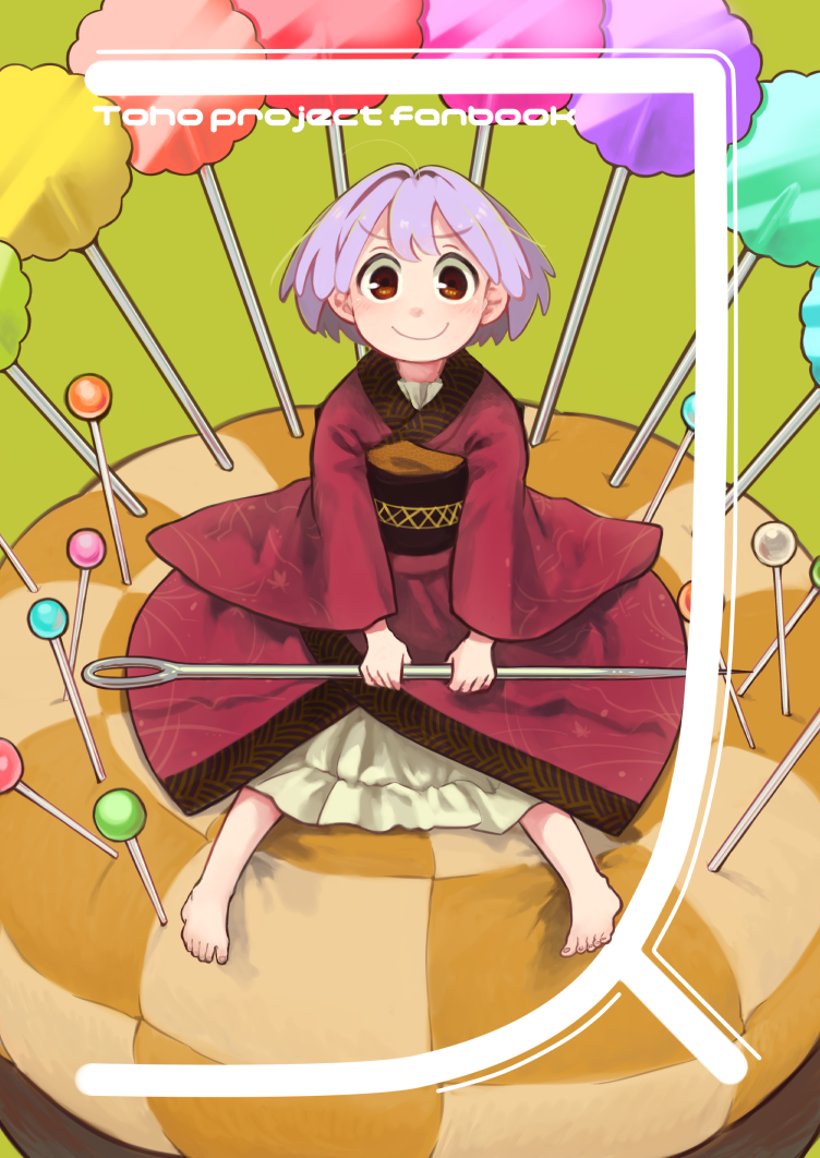 1girl barefoot blush brown_eyes chabi_(amedama) copyright_name cover cover_page full_body green_background japanese_clothes kimono lavender_hair long_sleeves looking_at_viewer needle obi pincushion sash short_hair simple_background sitting smile solo sukuna_shinmyoumaru text touhou wide_sleeves