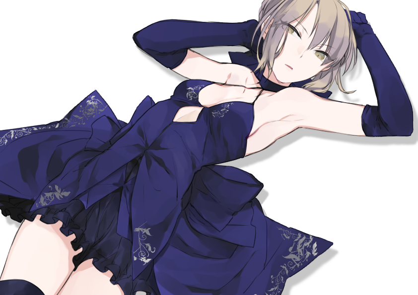 1girl argyle_cutout armpits bangs bare_shoulders blonde_hair blue_dress blue_gloves choker cowboy_shot dress eyebrows eyebrows_visible_through_hair eyes_visible_through_hair fate/grand_order fate_(series) frills gloves hair_between_eyes hair_ribbon halterneck hands_up hita_(hitapita) lying on_back parted_lips ribbon saber saber_alter simple_background sleeveless sleeveless_dress small_breasts solo thigh-highs yellow_eyes