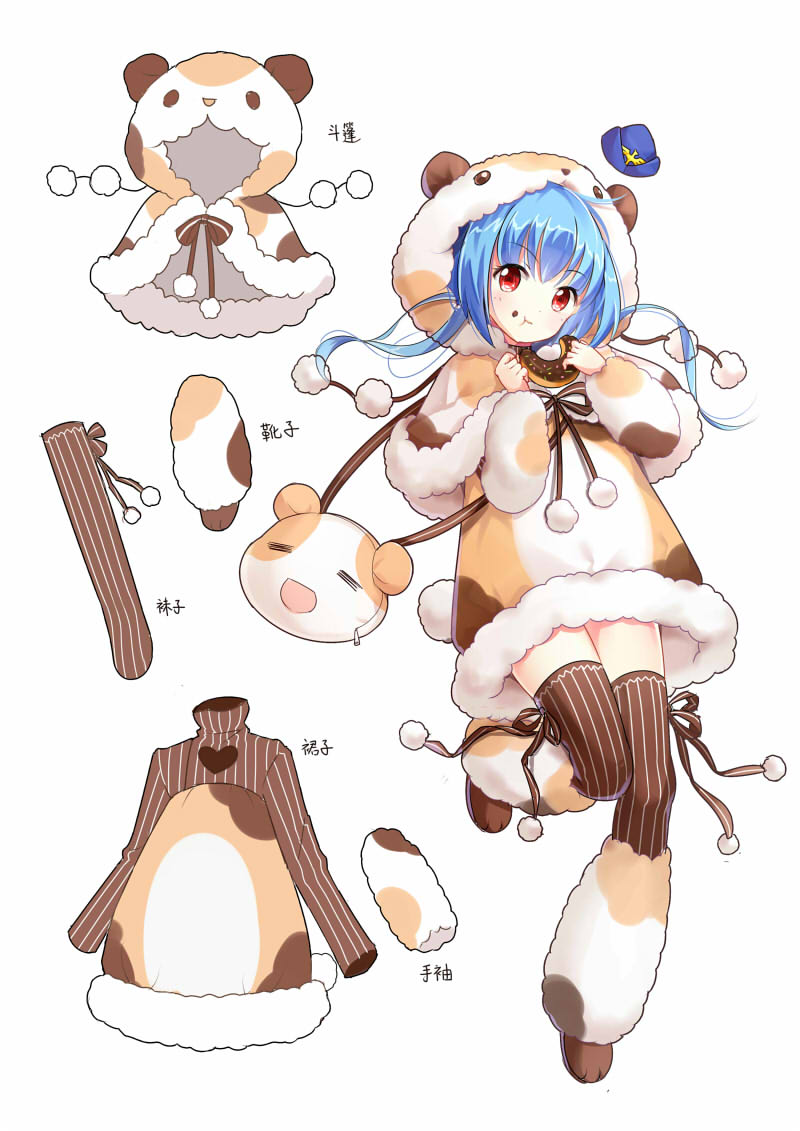 1girl :t alternate_costume animal_bag animal_hood arm_warmers bag bangs blue_hair blush brown_legwear brown_ribbon brown_shoes capelet closed_mouth dress eating eyebrows eyebrows_visible_through_hair fake_tail food food_on_face fur_trim hat hat_removed headwear_removed heart_cutout holding holding_food hood leg_warmers long_hair long_sleeves looking_at_viewer mana_(418208360) pom_pom_(clothes) quincy_(zhan_jian_shao_nyu) red_eyes ribbon shoes shoulder_bag simple_background solo standing standing_on_one_leg tail thigh-highs turtleneck white_background zhan_jian_shao_nyu