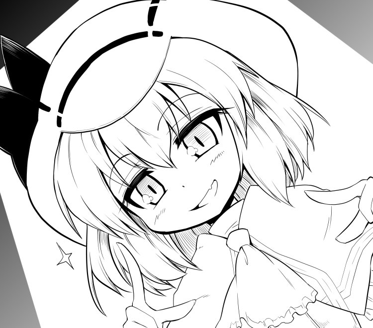 1girl ascot bangs bow commentary eyebrows eyebrows_visible_through_hair fang futa4192 greyscale hat monochrome open_mouth remilia_scarlet shawl short_hair sketch smirk solo sparkle touhou translation_request