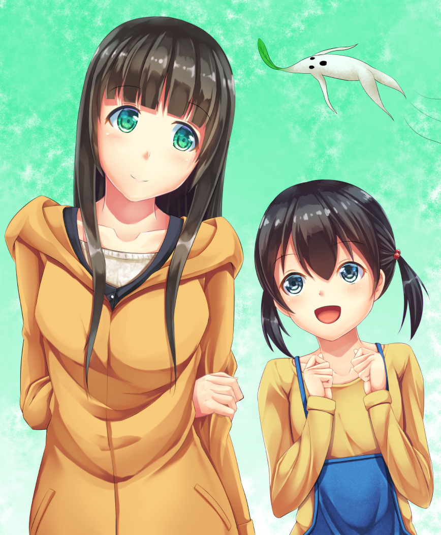 2girls :d apron arm_behind_back arm_holding black_hair blue_eyes clenched_hands coat collarbone flying_witch gradient gradient_background green_background green_eyes head_tilt kirimori_toya kowata_makoto kuramoto_chinatsu leaning_over long_hair long_sleeves looking_at_another looking_to_the_side mandragora multiple_girls open_mouth short_hair smile twintails upper_body