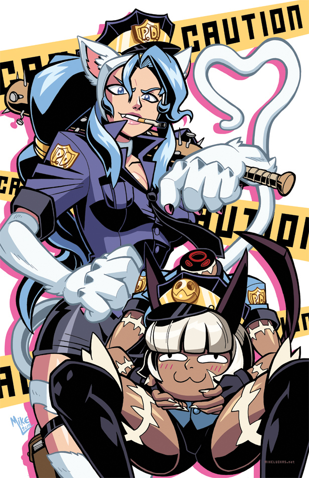 2girls :3 alternate_costume animal_ears artist_name baseball_bat blue_hair blush boots cat_ears cat_girl cat_tail cigarette claws commentary dark_skin disembodied_head fang felicia fingerless_gloves gloves hand_on_hip head_on_hand heart heart_tail holding_head holster long_hair looking_at_viewer mike_luckas miniskirt ms._fortune_(skullgirls) multiple_girls nail nail_bat open_clothes over_shoulder police police_uniform ponytail scar short_hair short_shorts shorts skirt skullgirls spread_legs squatting tail thigh-highs thigh_boots thigh_strap uniform vampire_(game) weapon weapon_over_shoulder white_hair