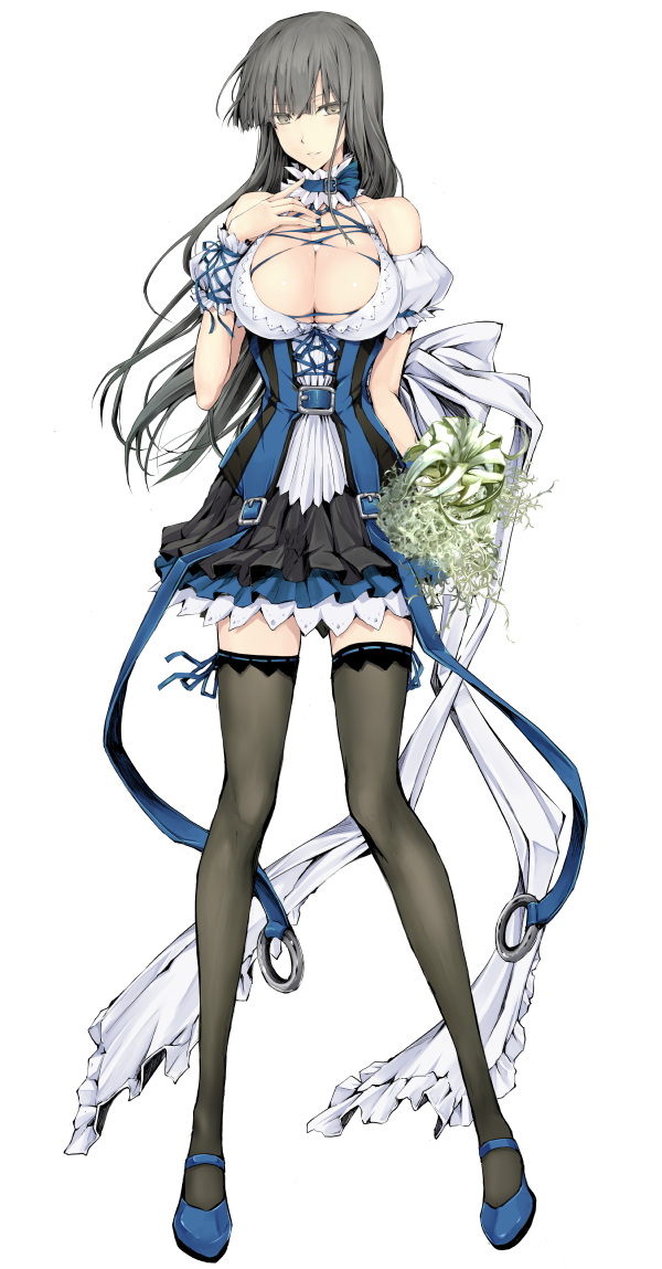 1girl bangs black_hair black_legwear blue_ribbon blue_shoes blunt_bangs bouquet breasts brown_eyes buckle cleavage collarbone corset cross-laced_clothes detached_sleeves eyebrows eyebrows_visible_through_hair finger_to_mouth flower full_body hand_on_own_chest holding holding_flower index_finger_raised kizuki_aruchu large_breasts layered_skirt light_smile long_hair looking_at_viewer multicolored_skirt original parted_lips puffy_short_sleeves puffy_sleeves ribbon ribbon-trimmed_legwear ribbon_trim shoes short_sleeves simple_background skindentation solo standing thigh-highs thighs underbust white_background wrist_cuffs zettai_ryouiki