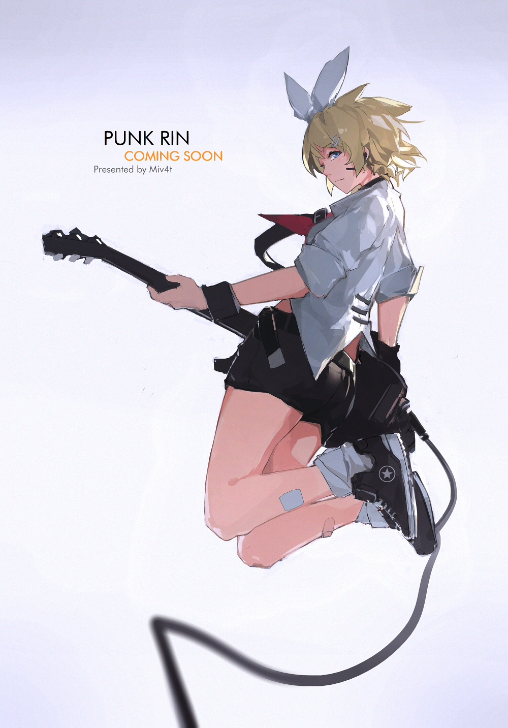 1girl alternate_costume artist_name back bandaid bandaid_on_leg belt black_shoes black_shorts blonde_hair blue_eyes blurry bow buckle cable closed_mouth collared_shirt cross-laced_footwear depth_of_field from_side full_body hair_bow hair_ornament hairclip headphones headset highres jumping kagamine_rin light_frown microphone mivit red_ribbon ribbon shirt shoes short_hair shorts sneakers socks solo star_print vocaloid white_bow white_legwear white_shirt wristband