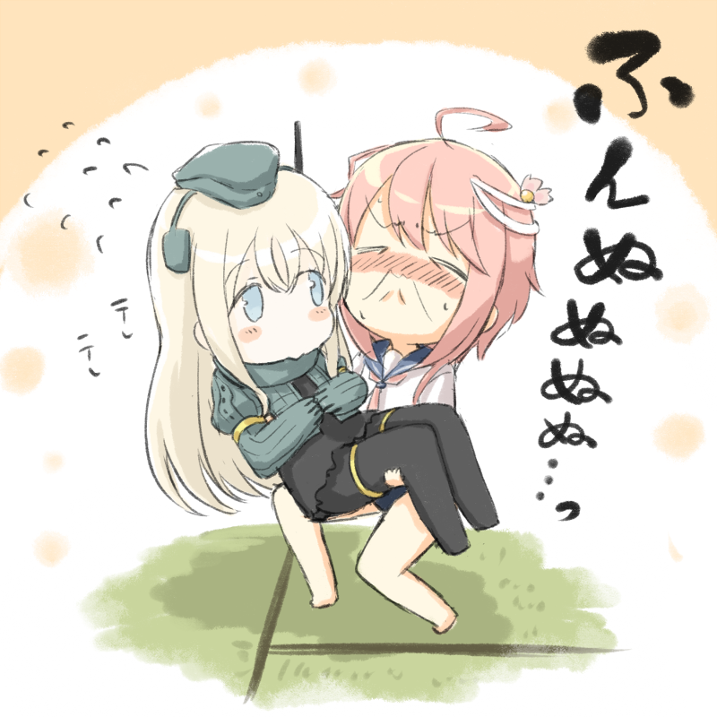 2girls :&lt; ahoge bare_shoulders blonde_hair carrying closed_eyes closed_mouth commentary_request cropped_jacket engiyoshi flying_sweatdrops garrison_cap hair_ornament hat i-58_(kantai_collection) kantai_collection long_hair long_sleeves md5_mismatch military military_uniform multiple_girls neckerchief pink_hair princess_carry puffy_long_sleeves puffy_sleeves school_swimsuit school_uniform serafuku short_hair swimsuit swimsuit_under_swimsuit u-511_(kantai_collection) uniform