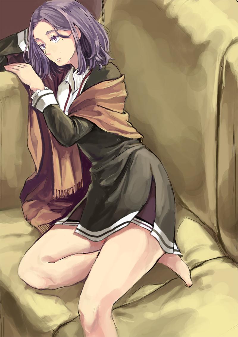 1girl bangs bare_legs barefoot blanket couch dress elbow_rest kantai_collection legs_up parted_bangs purple_hair sketch solo takanitsuki tatsuta_(kantai_collection) violet_eyes