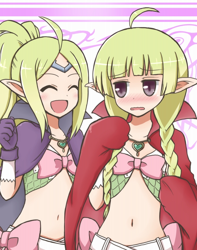 2girls ahoge bangs black_eyes blunt_bangs blush bow braid cape collarbone commentary_request embarrassed fire_emblem fire_emblem:_kakusei gloves green_hair hair_ornament looking_at_another midriff multiple_girls navel nn_(fire_emblem) nowi_(fire_emblem) open_mouth parted_bangs pink_bow pointy_ears reverse_(bluefencer) sidelocks smile twin_braids