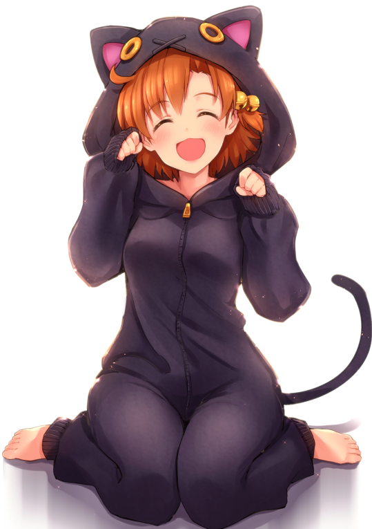 1girl :3 ^_^ animal_hood bangs barefoot bell blush brown_hair cat_hood cat_tail closed_eyes eyebrows eyebrows_visible_through_hair full_body hair_bell hair_ornament happy hood idolmaster idolmaster_million_live! ima_(lm_ew) jingle_bell long_sleeves open_mouth paw_pose short_hair sitting solo tail wariza white_background yabuki_kana zipper