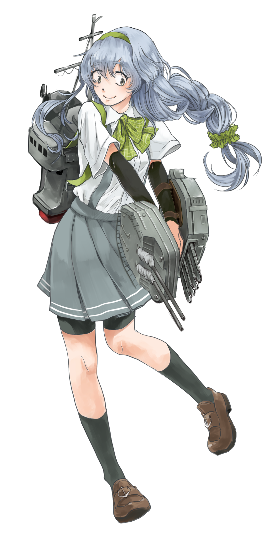 1girl arm_warmers ascot bangs bike_shorts bow braid cannon commentary_request grey_eyes hair_ornament hair_scrunchie hairband highres kantai_collection long_hair pleated_skirt rigging school_uniform scrunchie shirt short_sleeves shorts_under_skirt silver_hair skirt smile socks solo suspenders takanitsuki yamagumo_(kantai_collection)