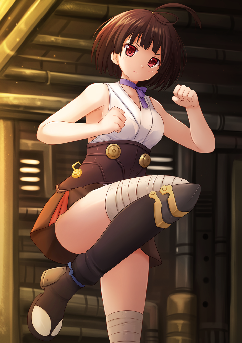 1girl ahoge armpits bandaged_leg bandages bare_shoulders black_boots black_skirt boots breasts brown_hair choker clenched_hands closed_mouth collarbone corset cowboy_shot dust fighting_stance highres indoors japanese_clothes kazenokaze kimono knee_boots koutetsujou_no_kabaneri leg_up lips looking_at_viewer miniskirt mumei_(kabaneri) pipes purple_ribbon red_eyes ribbon ribbon_choker serious short_hair shutter skirt sleeveless sleeveless_kimono solo standing_on_one_leg thighs underbust