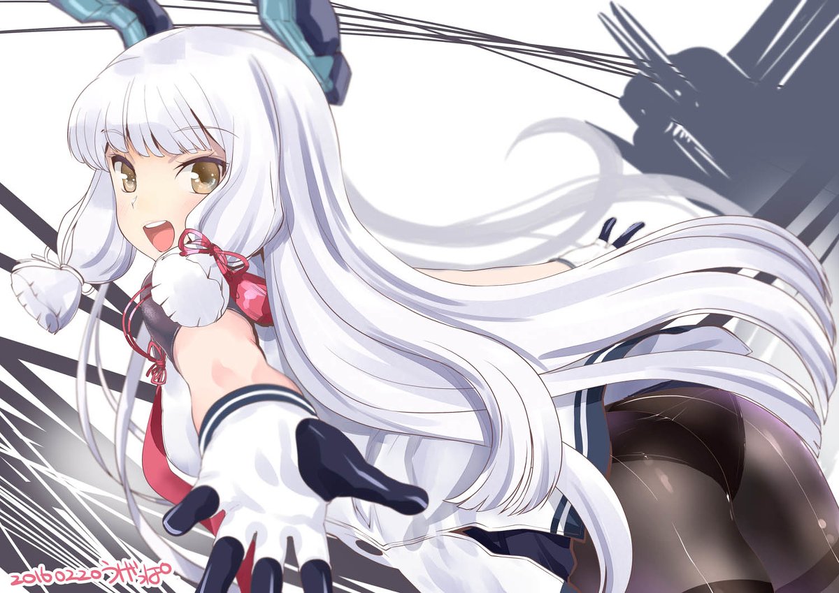 1girl 2016 artist_name bangs bent_over black_panties blunt_bangs blush brown_eyes buttons cowboy_shot dated dress_shirt eyebrows eyebrows_visible_through_hair gloves hair_ribbon headgear kantai_collection long_hair looking_at_viewer murakumo_(kantai_collection) necktie outstretched_arms panties panties_under_pantyhose pantyhose red_necktie red_ribbon ribbon round_teeth shirt short_sleeves short_twintails signature silhouette solo teeth thighband_pantyhose twintails ugeppa underwear very_long_hair white_gloves white_hair white_shirt