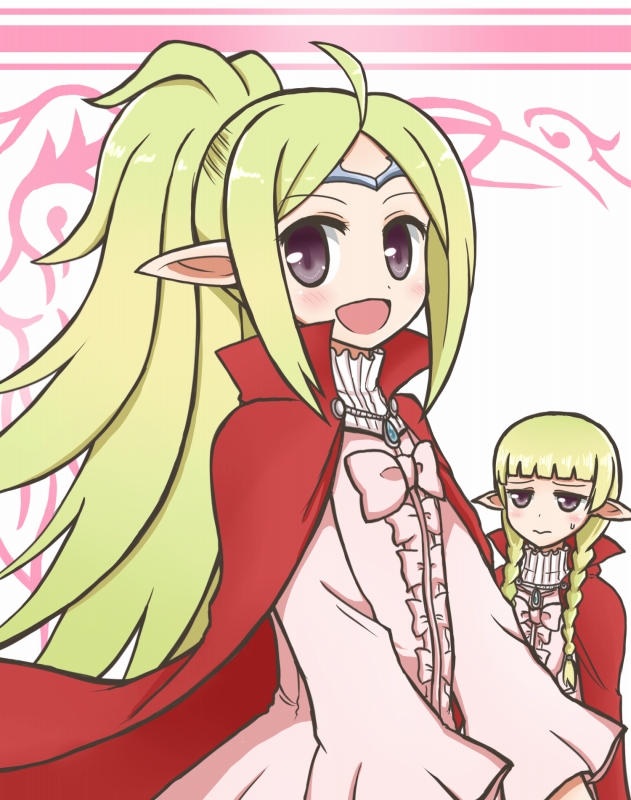 2girls ahoge bangs black_eyes blunt_bangs blush bow braid cape collarbone commentary_request cosplay costume_switch fire_emblem fire_emblem:_kakusei green_hair hair_ornament long_hair looking_at_another multiple_girls nn_(fire_emblem) nowi_(fire_emblem) open_mouth parted_bangs pink_bow pointy_ears reverse_(bluefencer) sidelocks smile sweatdrop twin_braids
