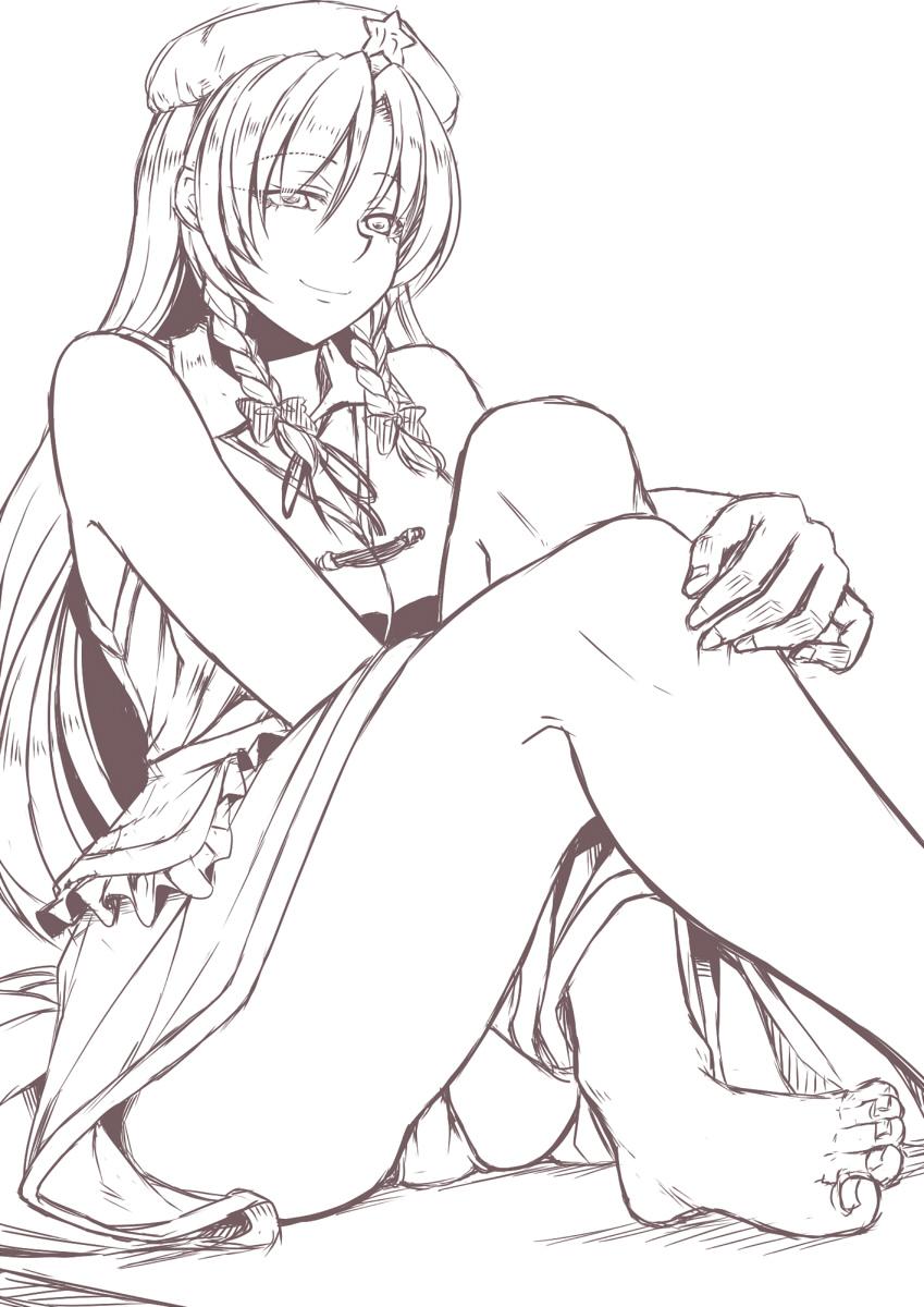 1girl bare_shoulders barefoot beret bow braid chinese_clothes commentary_request dress feet greyscale hair_bow hand_on_own_knee hat highres hong_meiling kinntarou knees_up long_hair monochrome panties pantyshot pantyshot_(sitting) sitting sketch sleeveless sleeveless_dress smile solo star touhou twin_braids underwear white_background