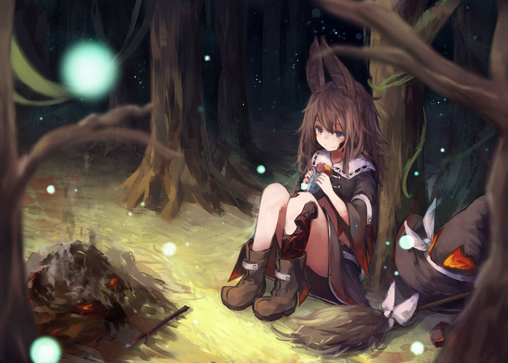 1girl animal_ears boots broom brown_eyes brown_hair campfire dark eating fantasy food forest hat hat_removed headwear_removed light_particles long_hair midriff nature night original roll_okashi sitting skirt smile solo tree witch witch_hat