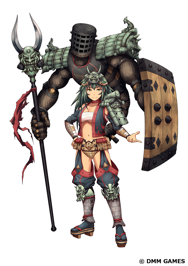 1girl armor armored_boots bangs belt boots chaps choker detached_sleeves green_hair helmet holding holding_shield holding_staff kei-suwabe kitanoshou knee_pads long_hair looking_at_viewer navel official_art oni_mask oshiro_project oshiro_project_re polearm sarashi short_shorts shorts shoulder_armor translation_request utility_belt vambraces vest weapon yellow_eyes