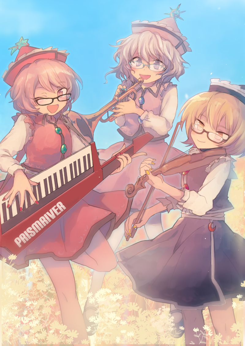 3girls :d ;d bespectacled black-framed_glasses black_skirt blonde_hair blue_nails blue_sky brown_hair crescent flower glasses hat instrument keyboard_(instrument) keytar long_sleeves looking_at_viewer lunasa_prismriver lyrica_prismriver merlin_prismriver multiple_girls nail_polish one_eye_closed open_mouth outdoors playing_instrument red_nails red_skirt short_hair silver_hair skirt skirt_set sky smile sososo_(kajipome) standing_on_one_leg star touhou trumpet vest violin yellow_nails